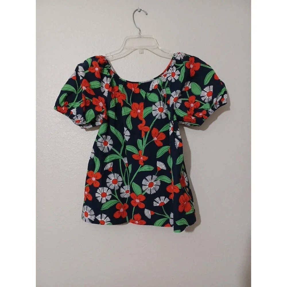 Kate Spade Size Small Daisy Vines Puff Sleeve Blouse Blue Floral Scoop Neck EUC